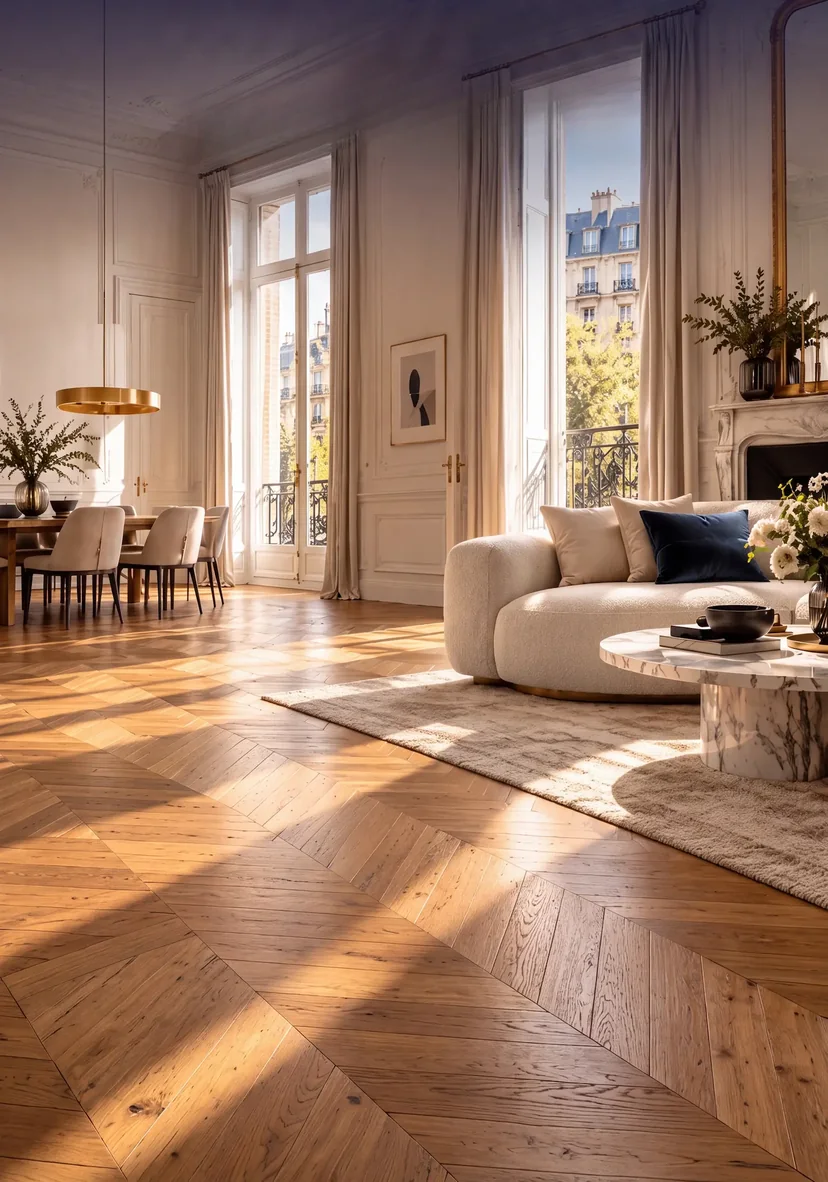 Parquet en chêne posé en point de Hongrie dans un appartement haussmannien