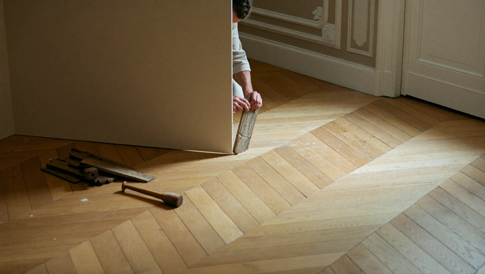 Artisan en train de raccorder un parquet ancien en chêne à l'emplacement d'une cloison abattue dans un appartement haussmannien