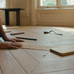 Artisan posant un parquet en chêne naturel mat en point de Hongrie dans un appartement haussmannien, illustrant les tendances parquet 2027