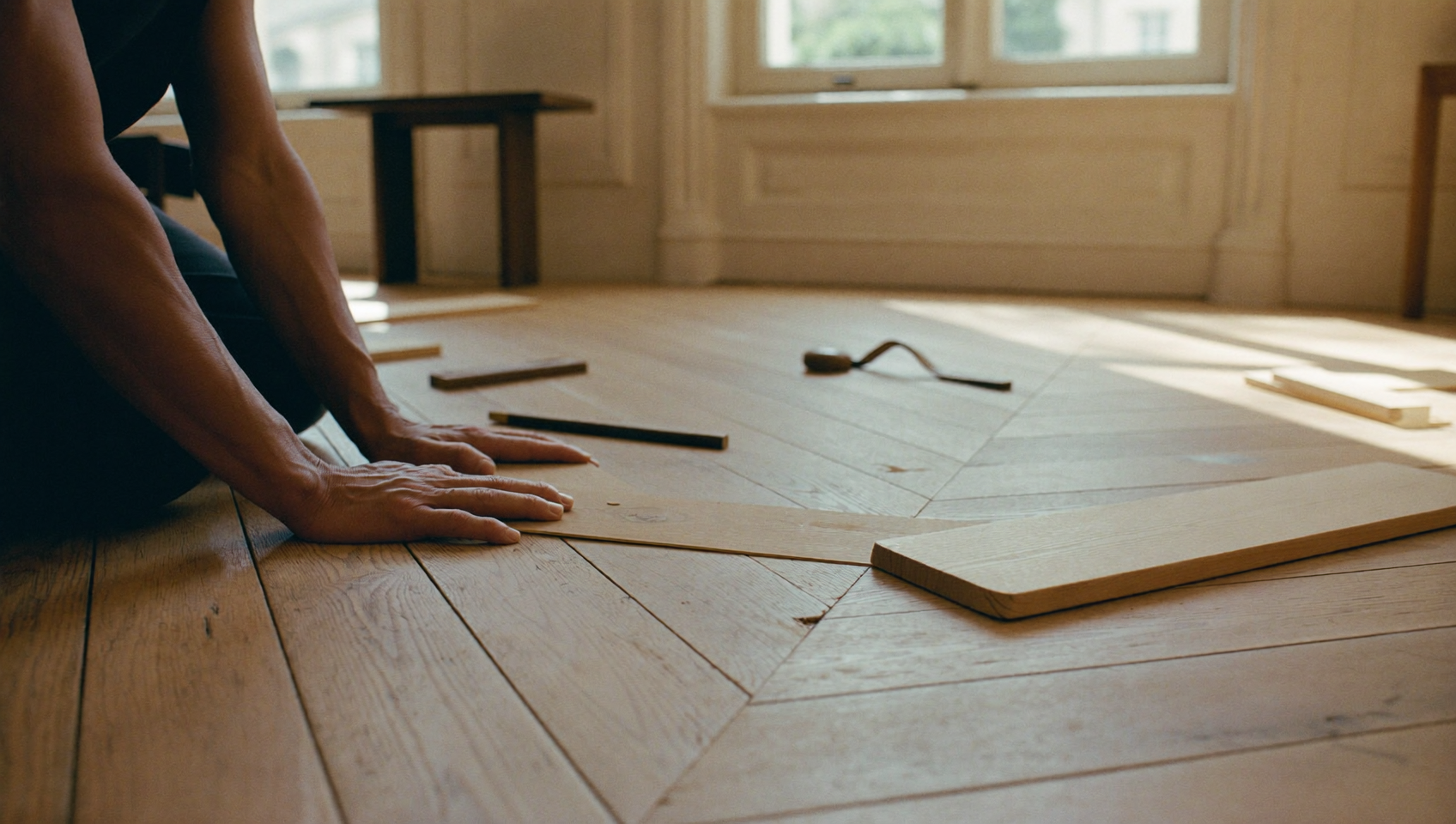 Artisan posant un parquet en chêne naturel mat en point de Hongrie dans un appartement haussmannien, illustrant les tendances parquet 2027