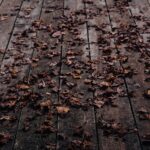 Lames de terrasse bois parsemées de feuilles mortes en automne, avant l'hiver : terrasse bois hiver à préparer