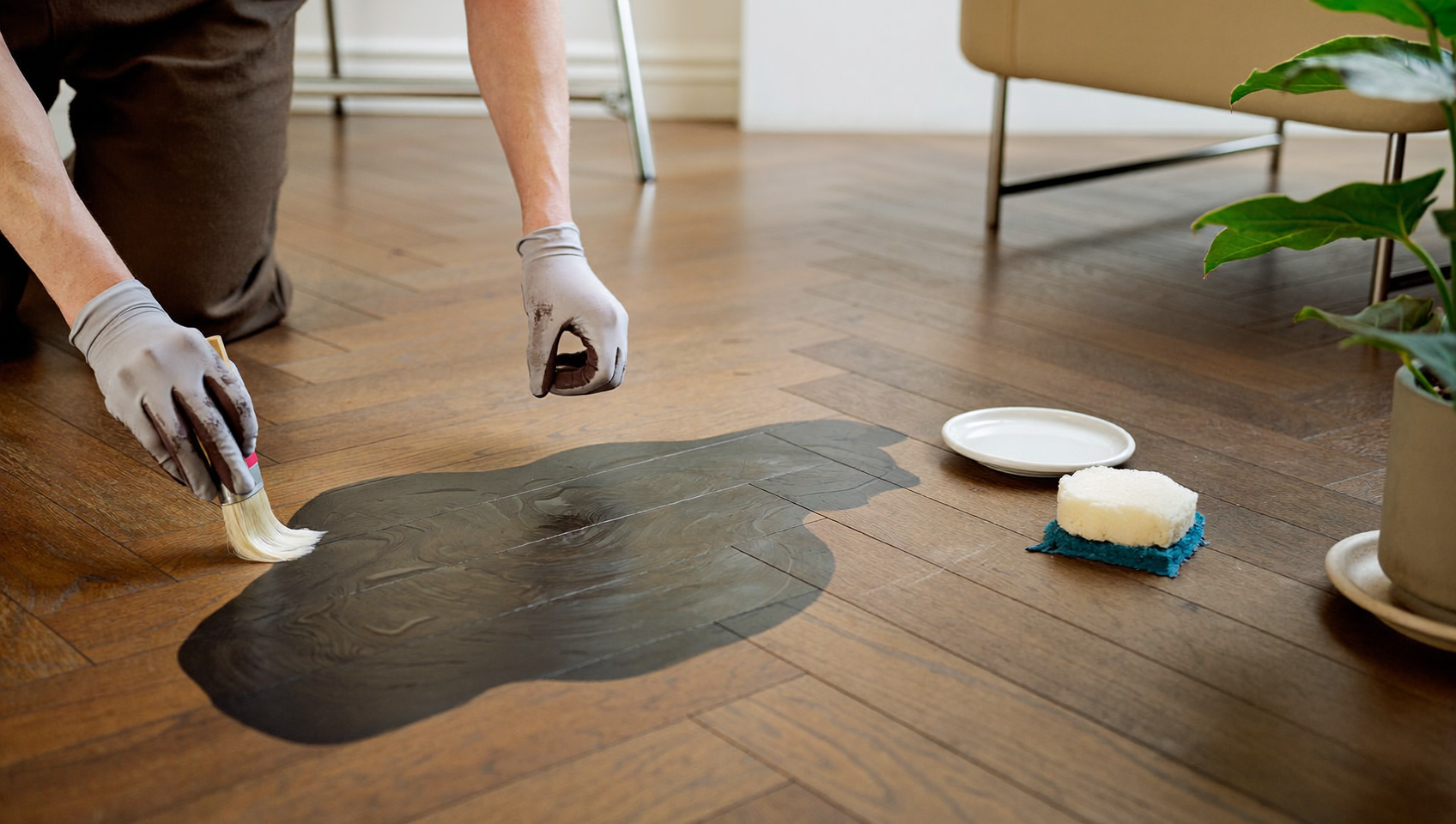 Mains gantées traitant une tache noire sur un parquet en chêne posé en point de Hongrie